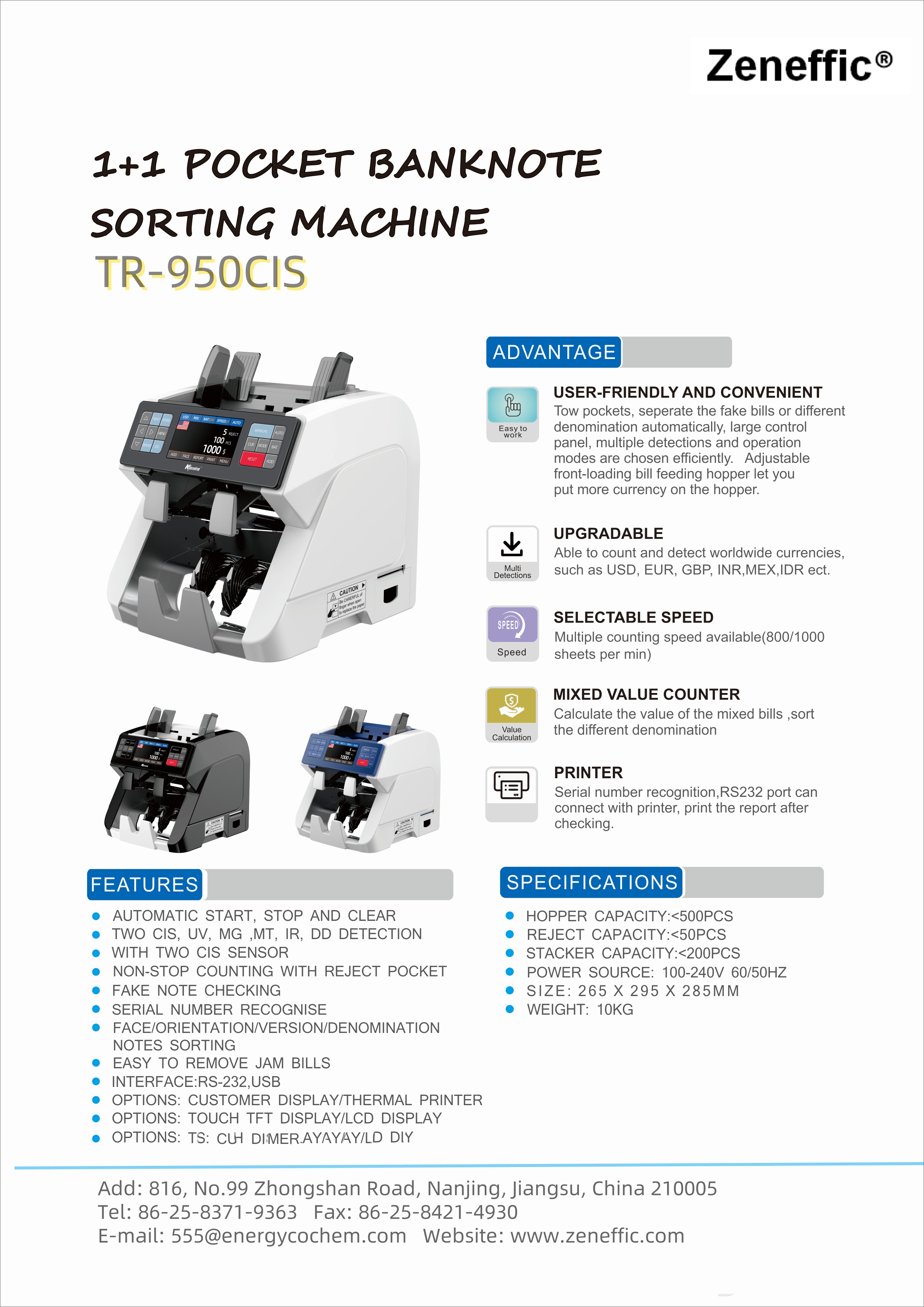 Zeneffic TR-950CIS - Machine de tri de billets de poche